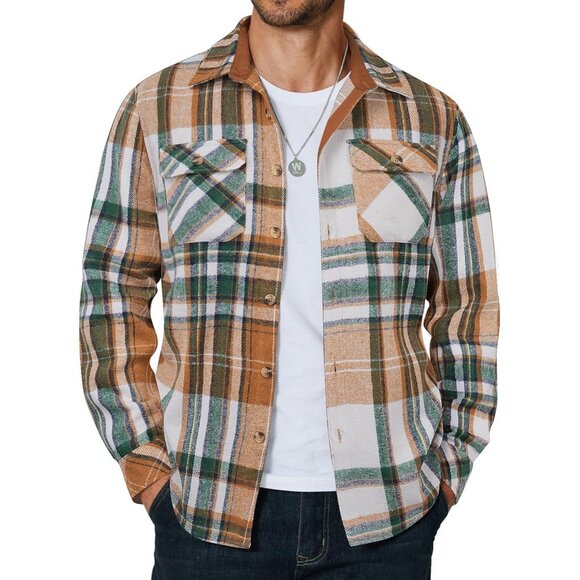 Coofandy Men Green Flannel Plaid Button Down Jacket Shirt with Pockets - Picture 1 of 5